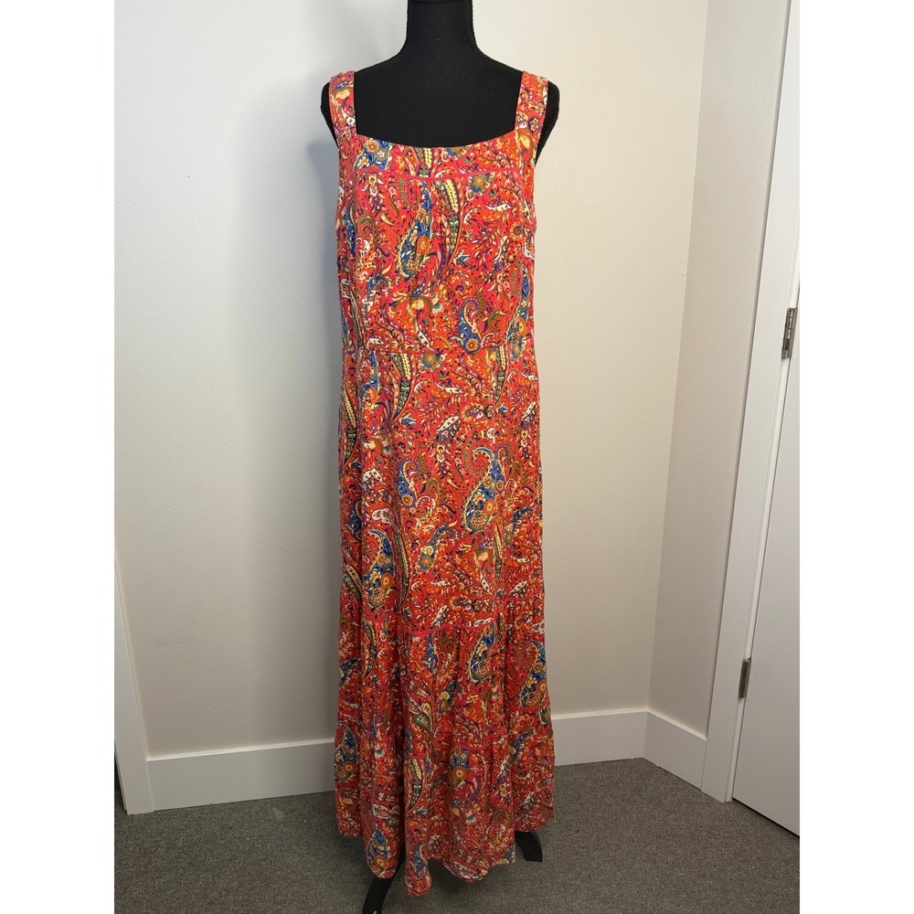 Talbots Pink Paisley Maxi Dress Sleeveless Cotton Lined Tiered Pockets Size 12